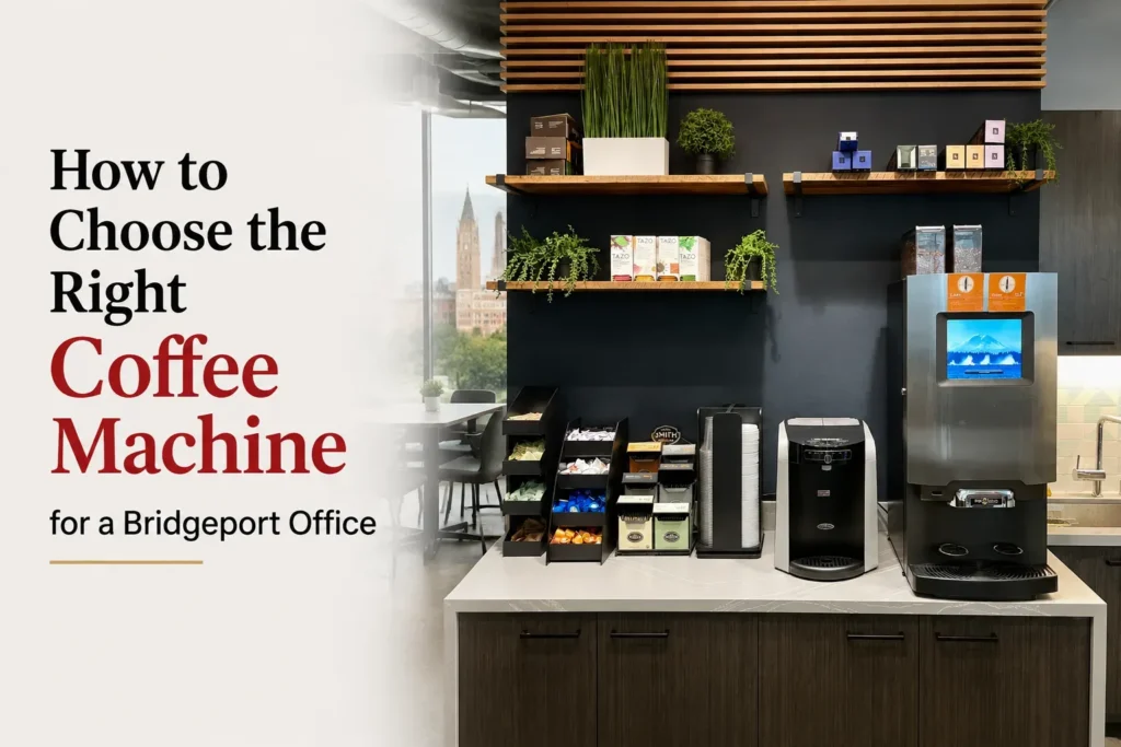 Office coffee station with coffee machines, tea, and supplies
