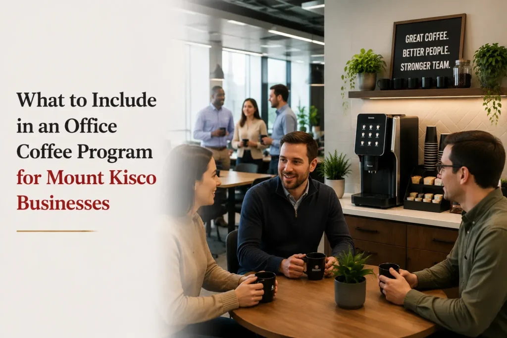 Employees enjoying coffee together in a modern office.