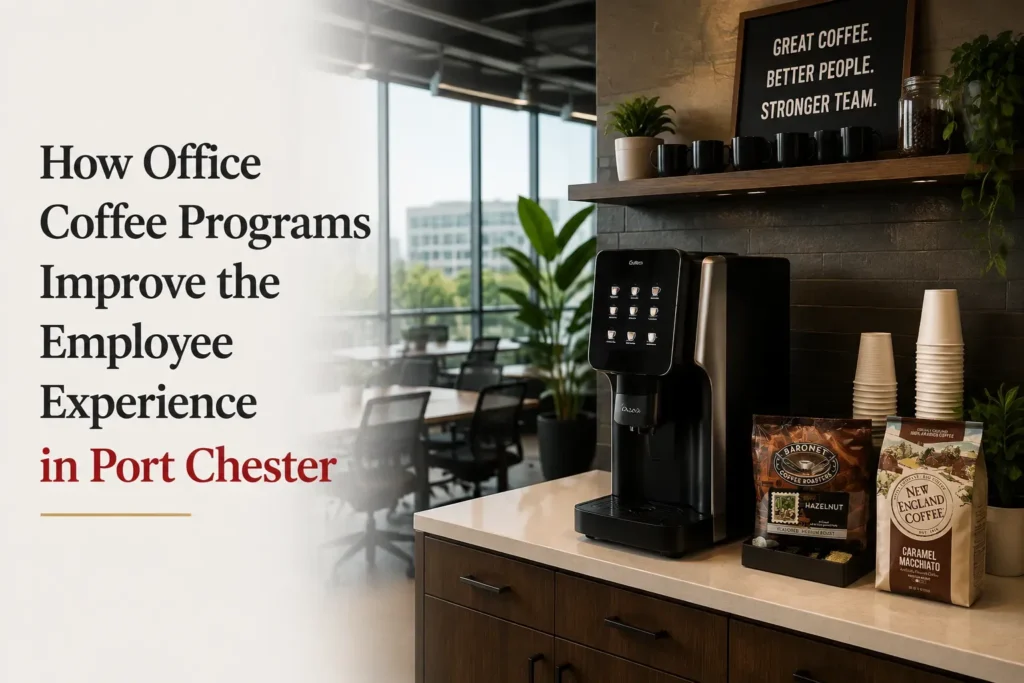 Office coffee station with coffee machine and coffee packets.