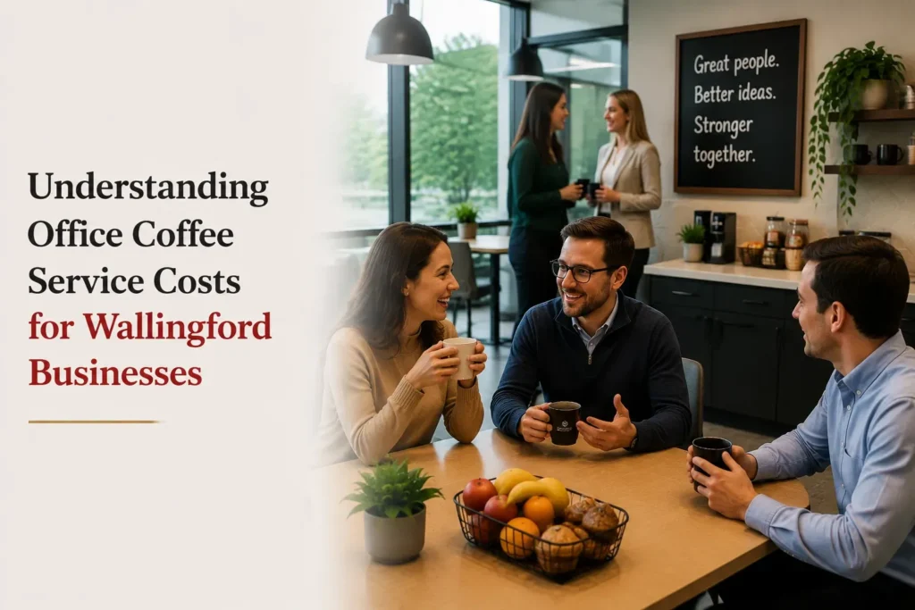 Employees discussing over coffee in a modern office workspace.
