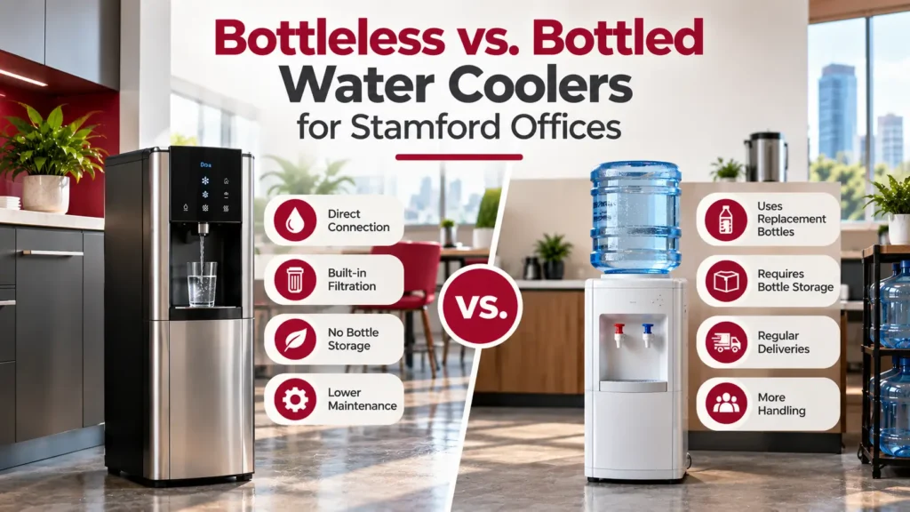 Bottleless vs. bottled water coolers for Stamford office break rooms.