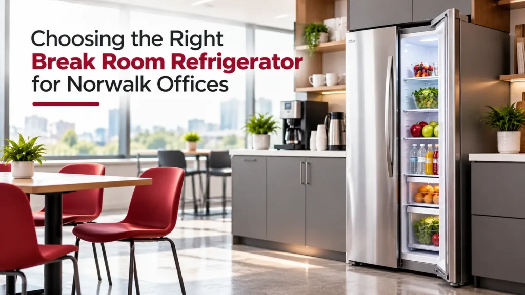 Modern office break room with an open, stocked refrigerator featuring fresh food, beverages, and organized storage for Norwalk offices.