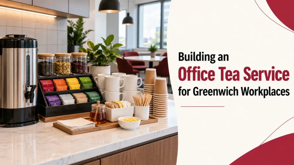 Modern office tea service station with assorted tea bags, hot-water dispenser, cups, and tea supplies for Greenwich workplaces.