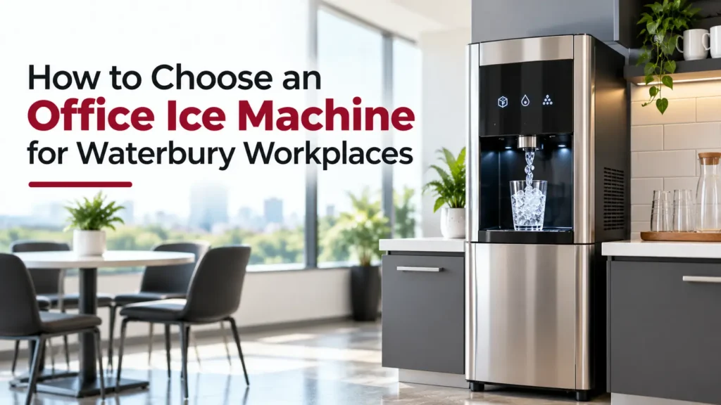 Modern office ice machine dispensing ice and water into a glass in a Waterbury workplace break room.